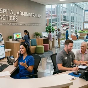 Hospital Administration Practices course banner showing administrators coordinating hospital operations, compliance, and patient services.