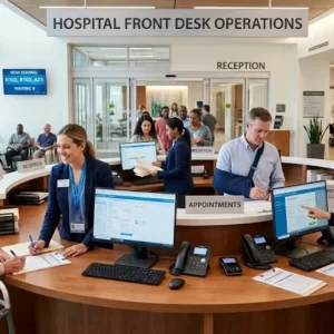 Professional Hospital Front Desk Operations course image with reception and healthcare staff visuals