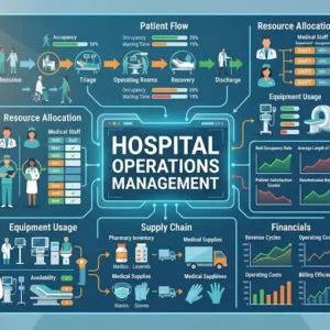 Educational course image for Hospital Operations Management with healthcare administration and management visuals