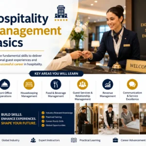 Educational course image for Hospitality Management Basics with hospitality and management visuals