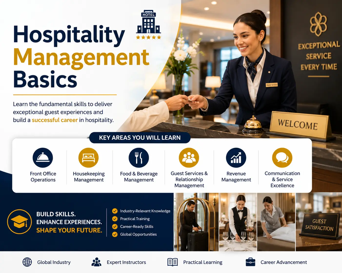 Educational course image for Hospitality Management Basics with hospitality and management visuals
