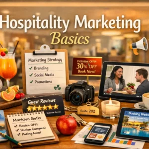 Educational course image for Hospitality Marketing Basics with hotel and marketing visuals
