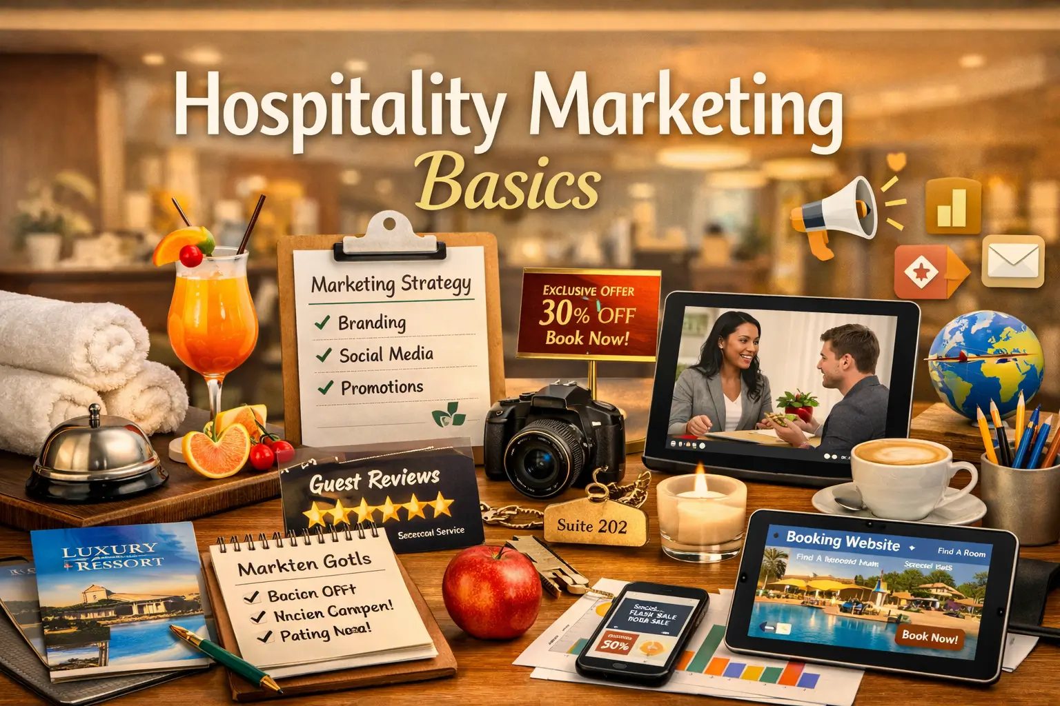 Educational course image for Hospitality Marketing Basics with hotel and marketing visuals