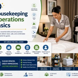 Educational course image for Housekeeping Operations Basics with hotel housekeeping visuals