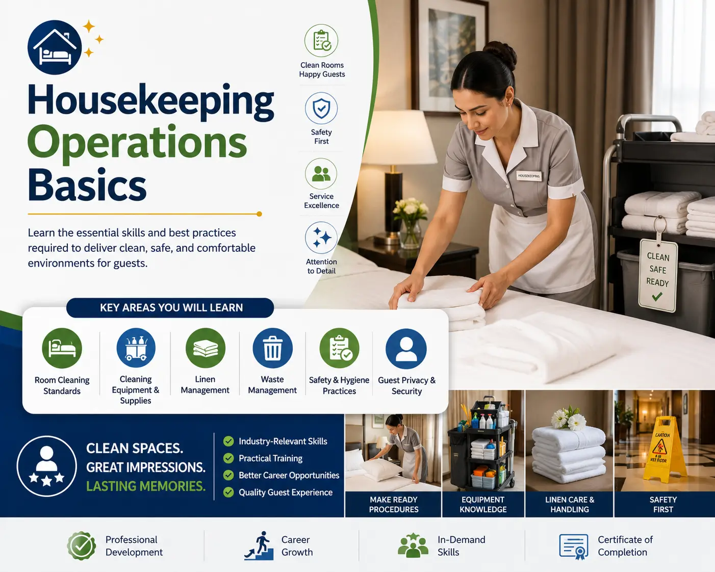 Educational course image for Housekeeping Operations Basics with hotel housekeeping visuals