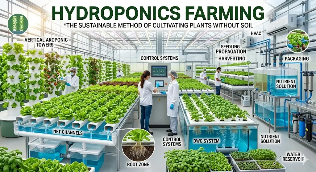 Educational banner for Hydroponics Farming course with modern agriculture visuals