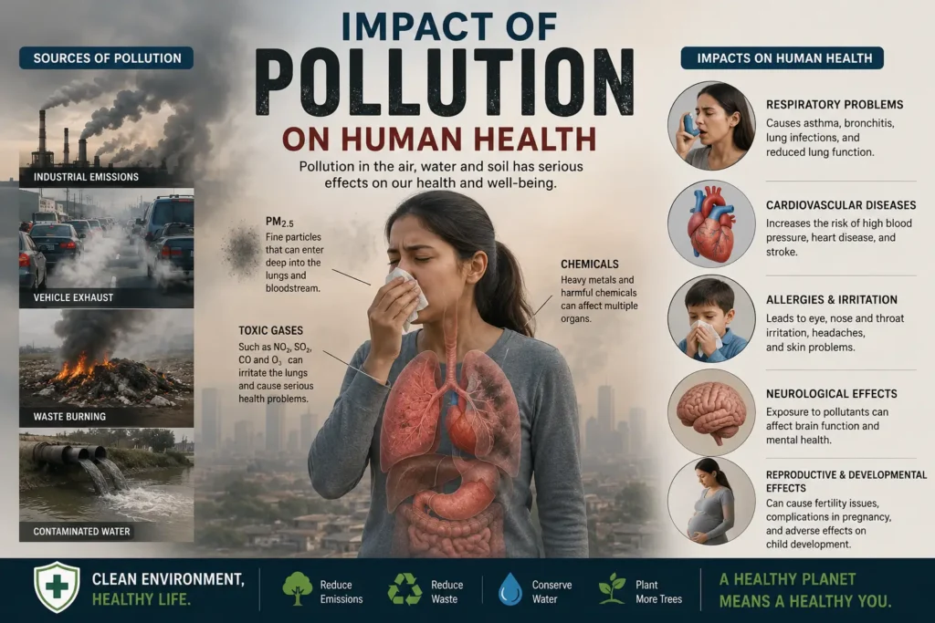Impact of pollution on human health showing air water and noise pollution effects