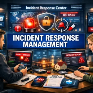 Modern educational banner for Incident Response Management with cybersecurity dashboards and response visuals