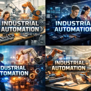 Modern educational banner for Industrial Automation with students and digital tools