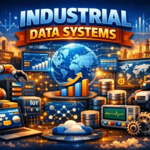 Professional course image for Industrial Data Systems with factory data and Iot visuals