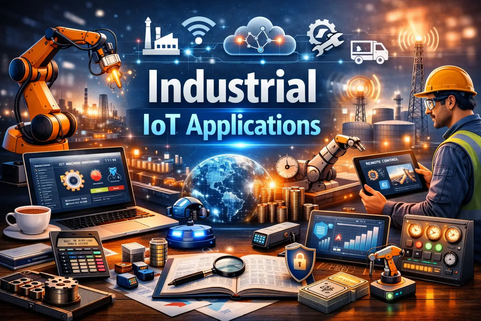Professional course image for Industrial IoT Applications with smart factory visuals