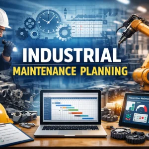 Professional course banner for Industrial Maintenance Planning with tools and planning visuals