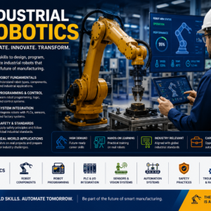 Industrial Robotics course image with robotic arms, factory, and automation visuals