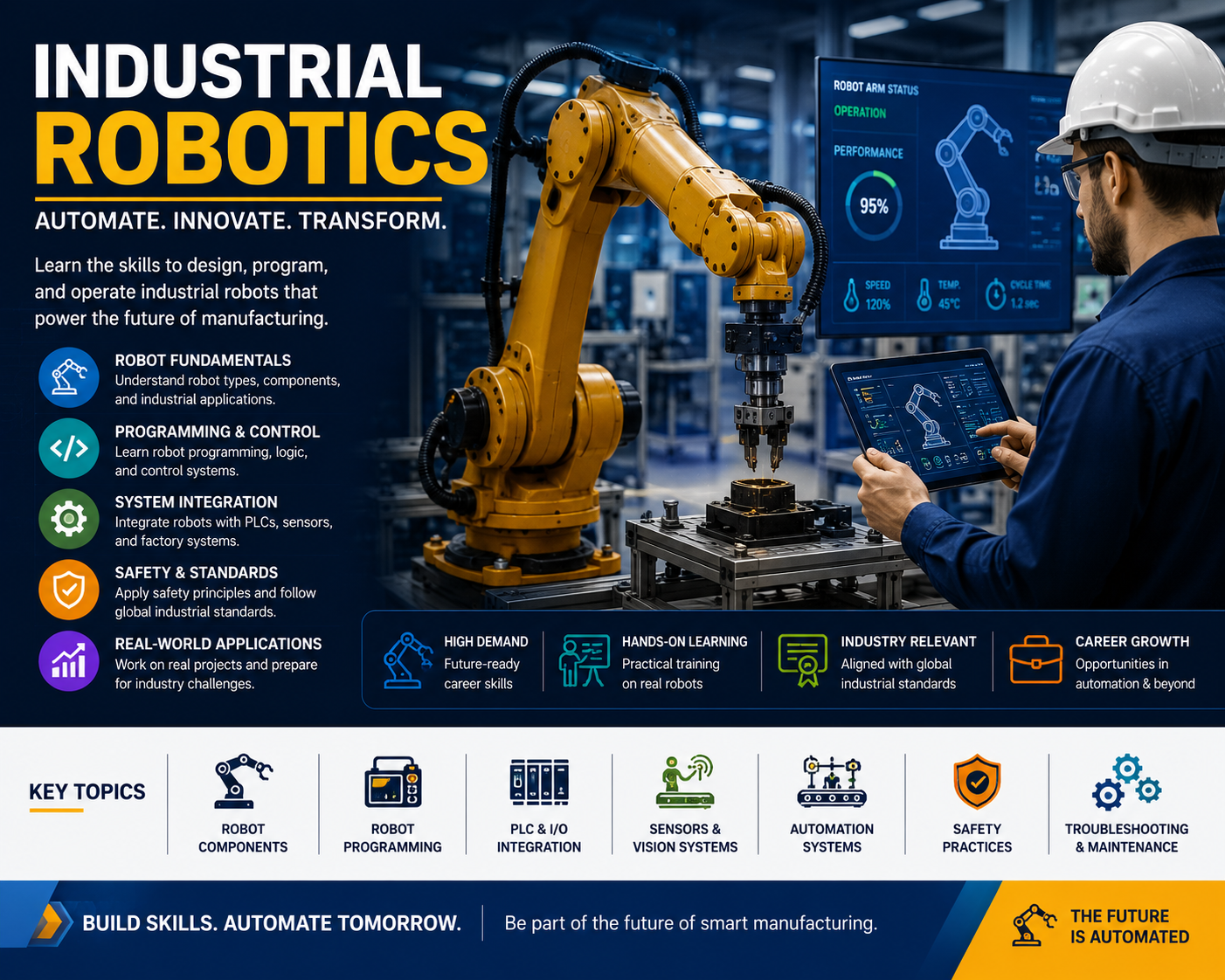 Industrial Robotics course image with robotic arms, factory, and automation visuals