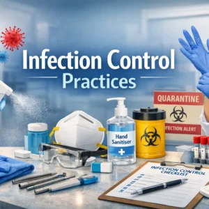 Educational banner showing Infection Control Practices with PPE, sanitizer, and healthcare safety visuals