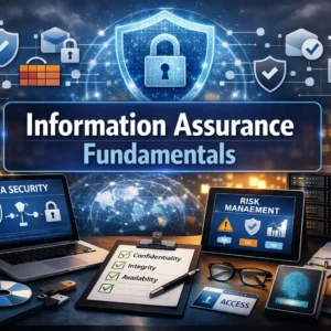 Professional Information Assurance Fundamentals course image with data security and risk management visuals