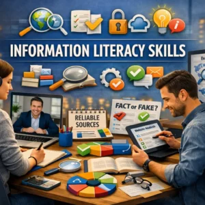 Information Literacy Skills course banner showing students analyzing sources and verifying information credibility