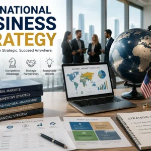 Educational banner showing International Business Strategy with global markets and business visuals