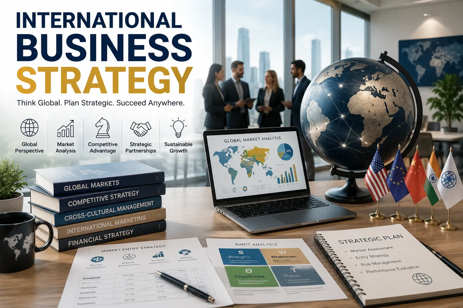 Educational banner showing International Business Strategy with global markets and business visuals