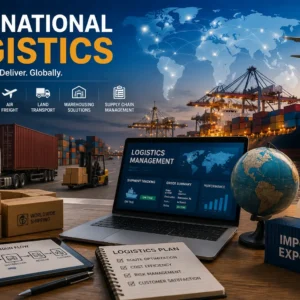 Educational banner showing International Logistics with global trade, shipping, and supply chain visuals