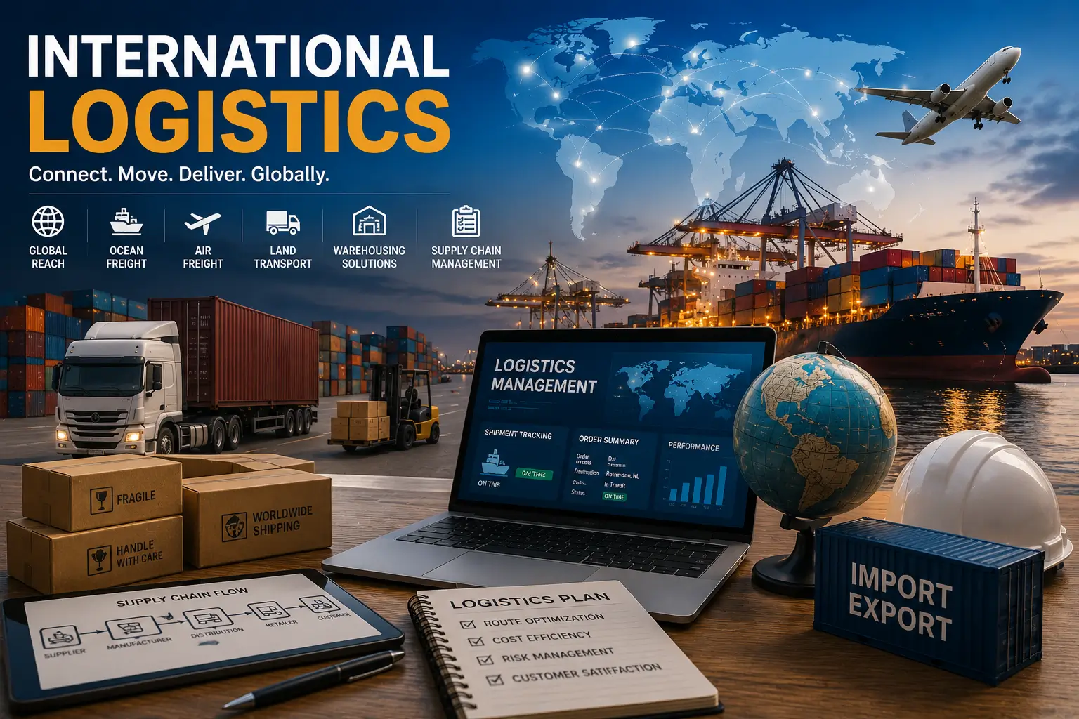 Educational banner showing International Logistics with global trade, shipping, and supply chain visuals