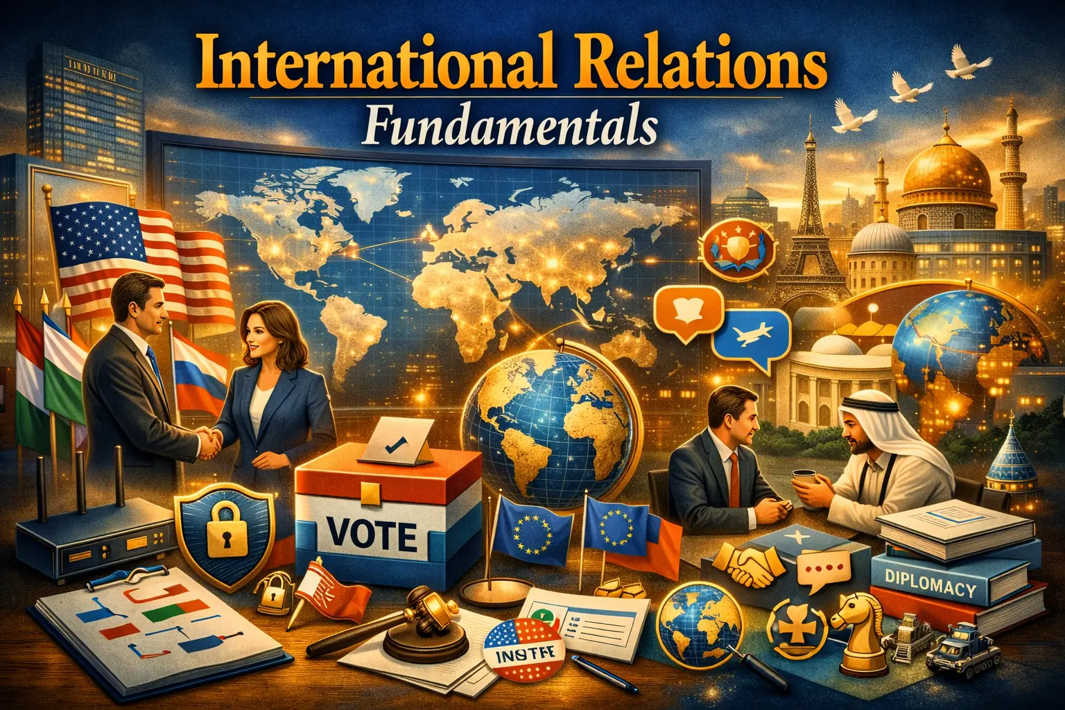 Professional course image for International Relations Fundamentals with global diplomacy visuals