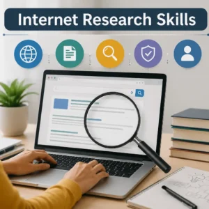 Modern educational course image for Internet Research Skills with digital tools and visuals