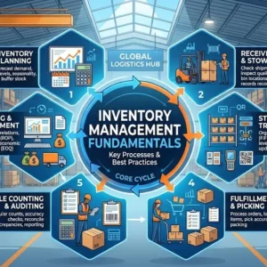 Professional inventory management fundamentals course design with warehouse and logistics visuals