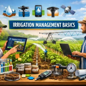 High-quality educational banner showing Irrigation Management Basics course with smart water control and agricultural visuals