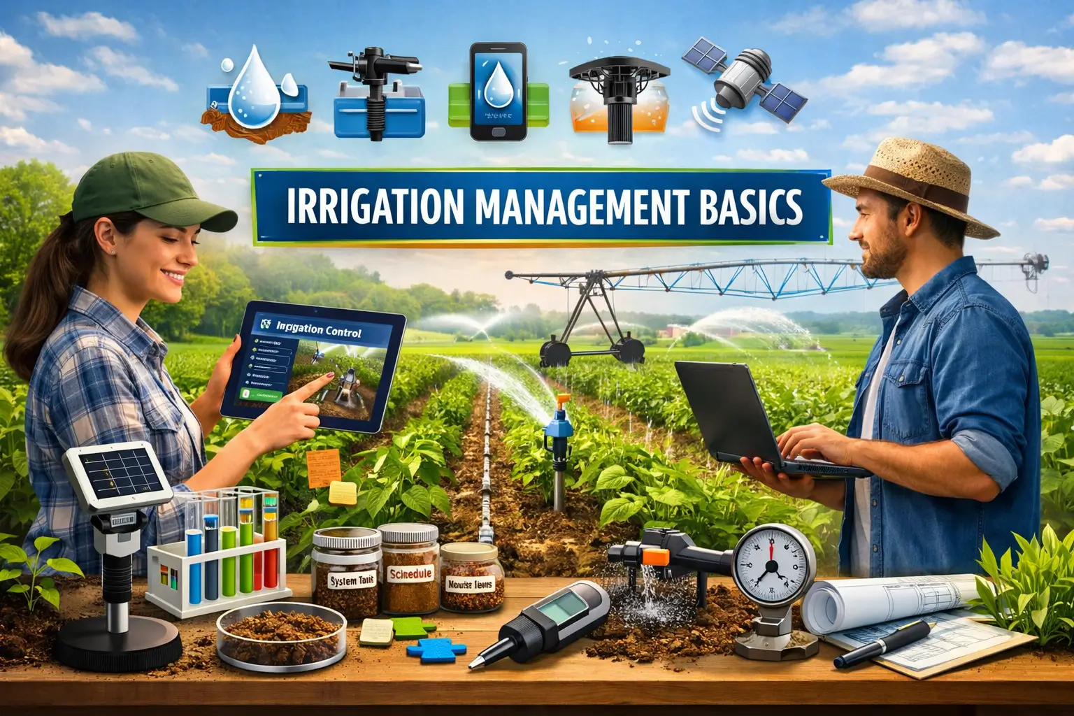 High-quality educational banner showing Irrigation Management Basics course with smart water control and agricultural visuals
