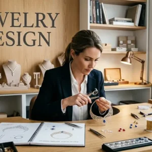 Professional Jewelry Design course image with sketches, gemstones, and design tools