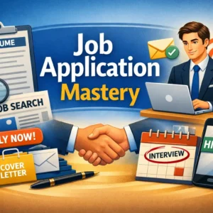 Job Application Mastery course image with resume, interview, and hiring visuals