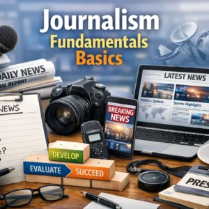 Educational course image for Journalism Fundamentals Basics with media visuals
