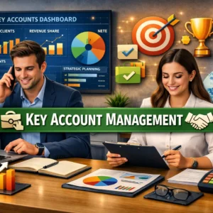 Professional educational banner for Key Account Management showing business professionals and client strategy visuals