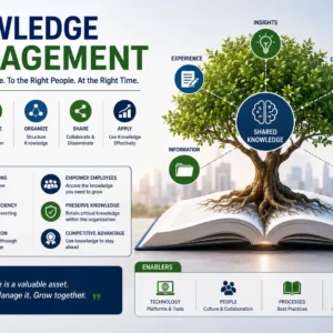 Educational banner showing Knowledge Management with teamwork, digital networks, and organizational learning visuals