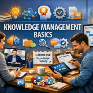 Knowledge Management Basics course banner showing learners studying knowledge sharing and digital collaboration tools