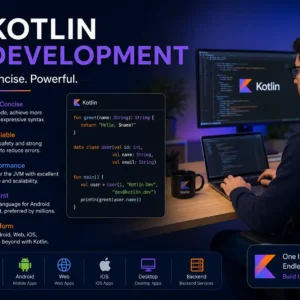 Educational banner for Kotlin Development course with coding and mobile app visuals