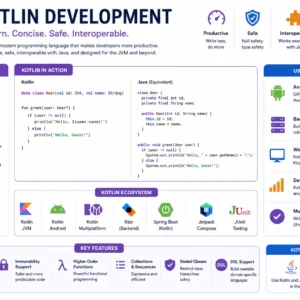 Modern educational banner for Kotlin Development course with coding visuals