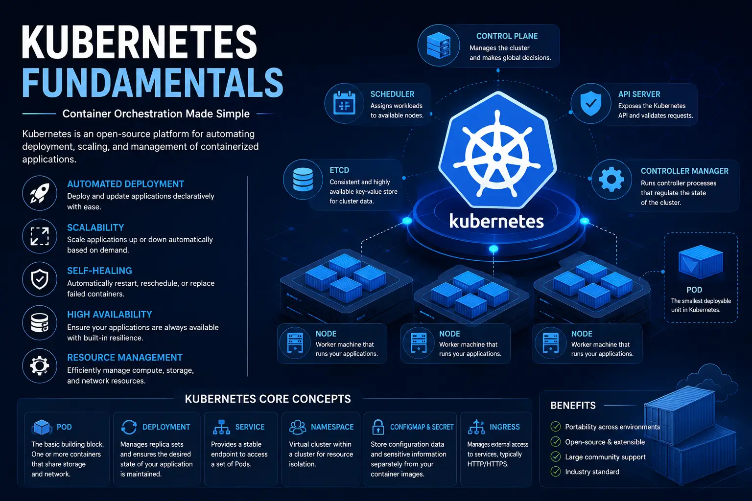 Modern educational banner for Kubernetes Fundamentals course with cloud visuals