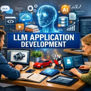 Modern educational banner for LLM Application Development with AI coding and chatbot visuals