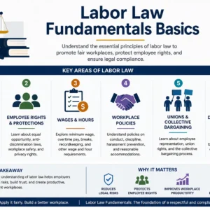 Professional Labor Law Fundamentals Basics course image with workplace rights and compliance visuals