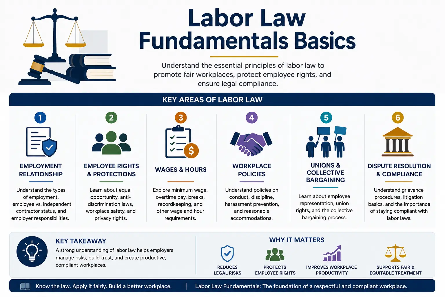 Professional Labor Law Fundamentals Basics course image with workplace rights and compliance visuals