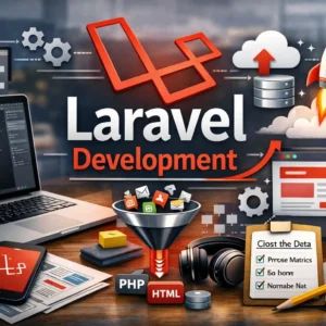 Professional course image for Laravel Development with coding and server visuals