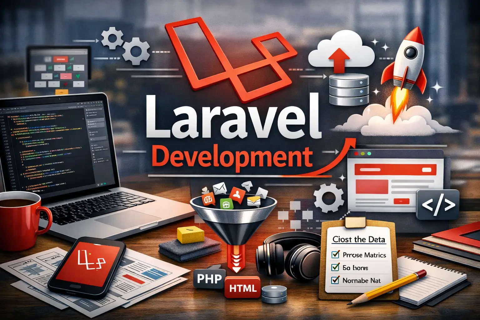 Professional course image for Laravel Development with coding and server visuals