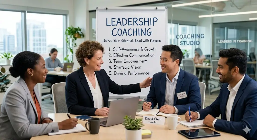 High-quality educational banner for Leadership Coaching course with modern design