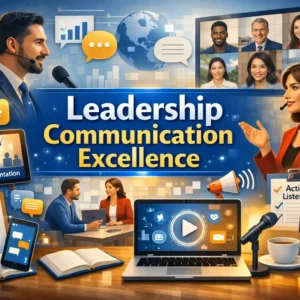 A modern leadership communication course image featuring teamwork, presentation, and digital learning elements
