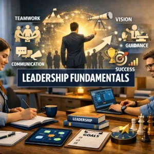 Modern educational banner for Leadership Fundamentals course showing teamwork and leadership visuals