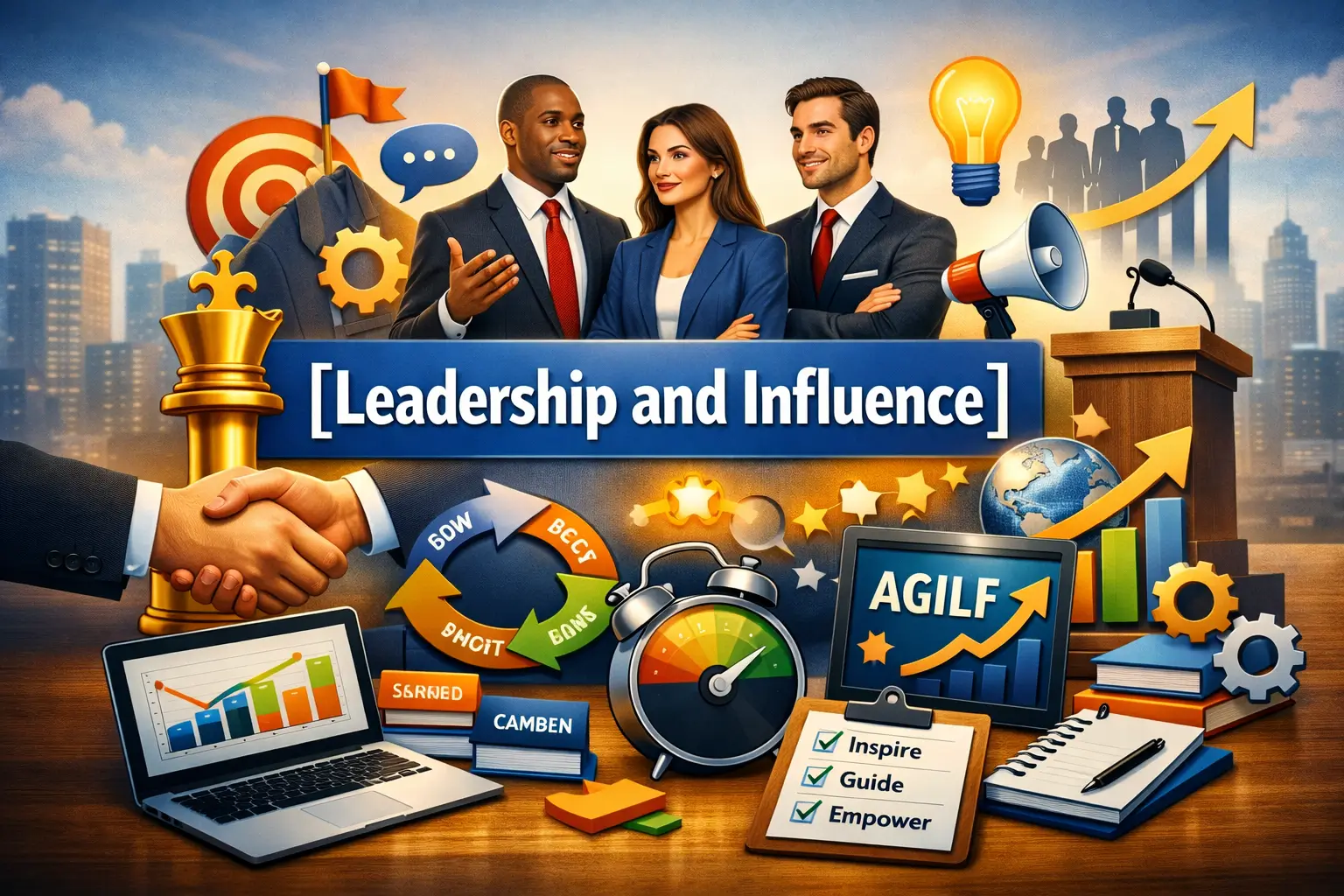 Professional Leadership and Influence course image with teamwork and motivation visuals