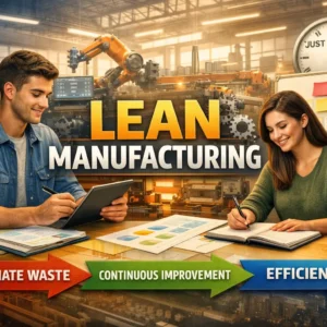 Modern educational banner for Lean Manufacturing with students and factory visuals