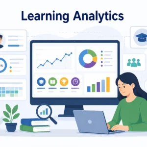 Educational banner showing learning analytics with dashboards, student data charts, and digital education platforms